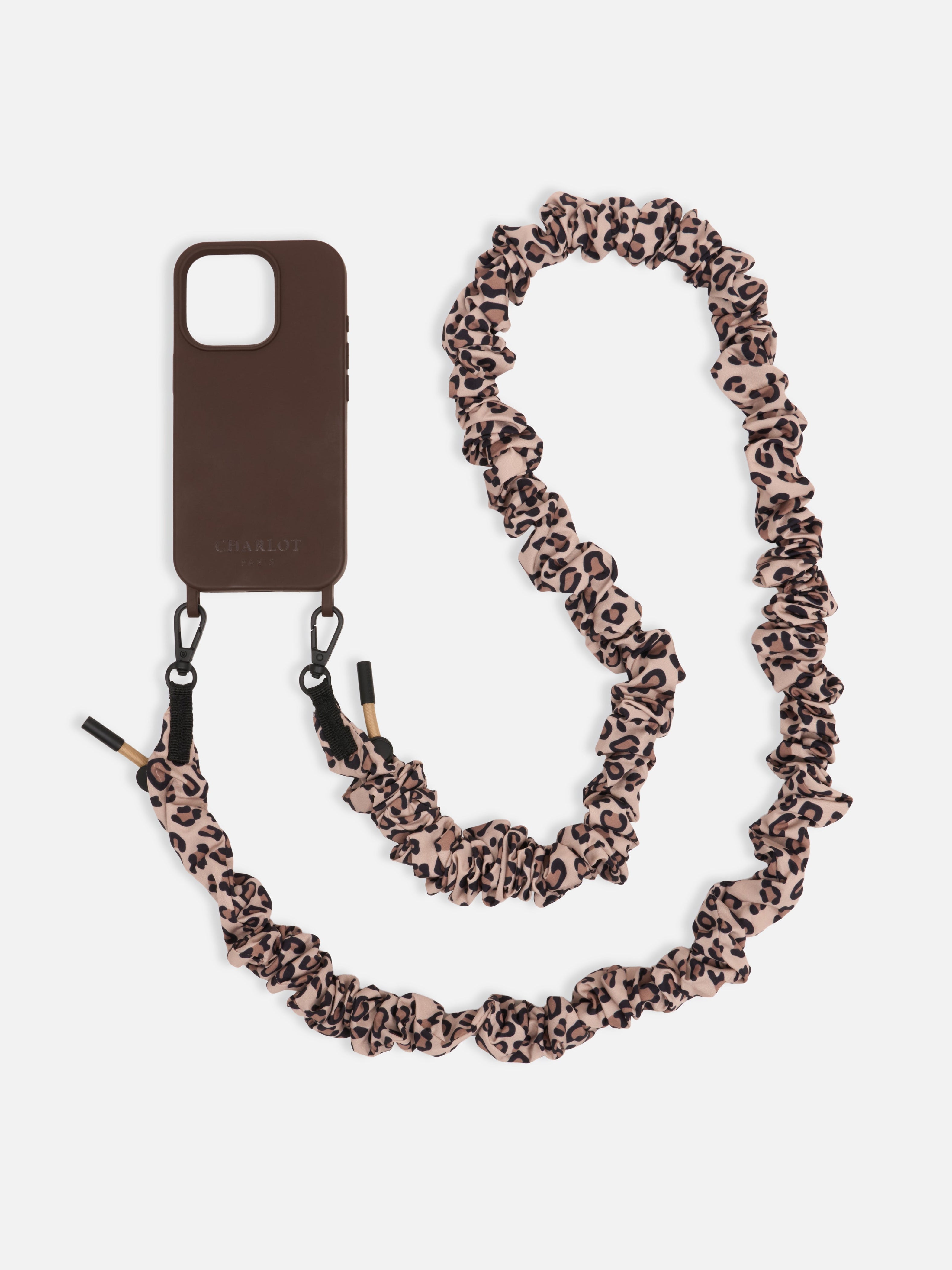 Coque Chocolat + Bandoulière Srunchie Léopard