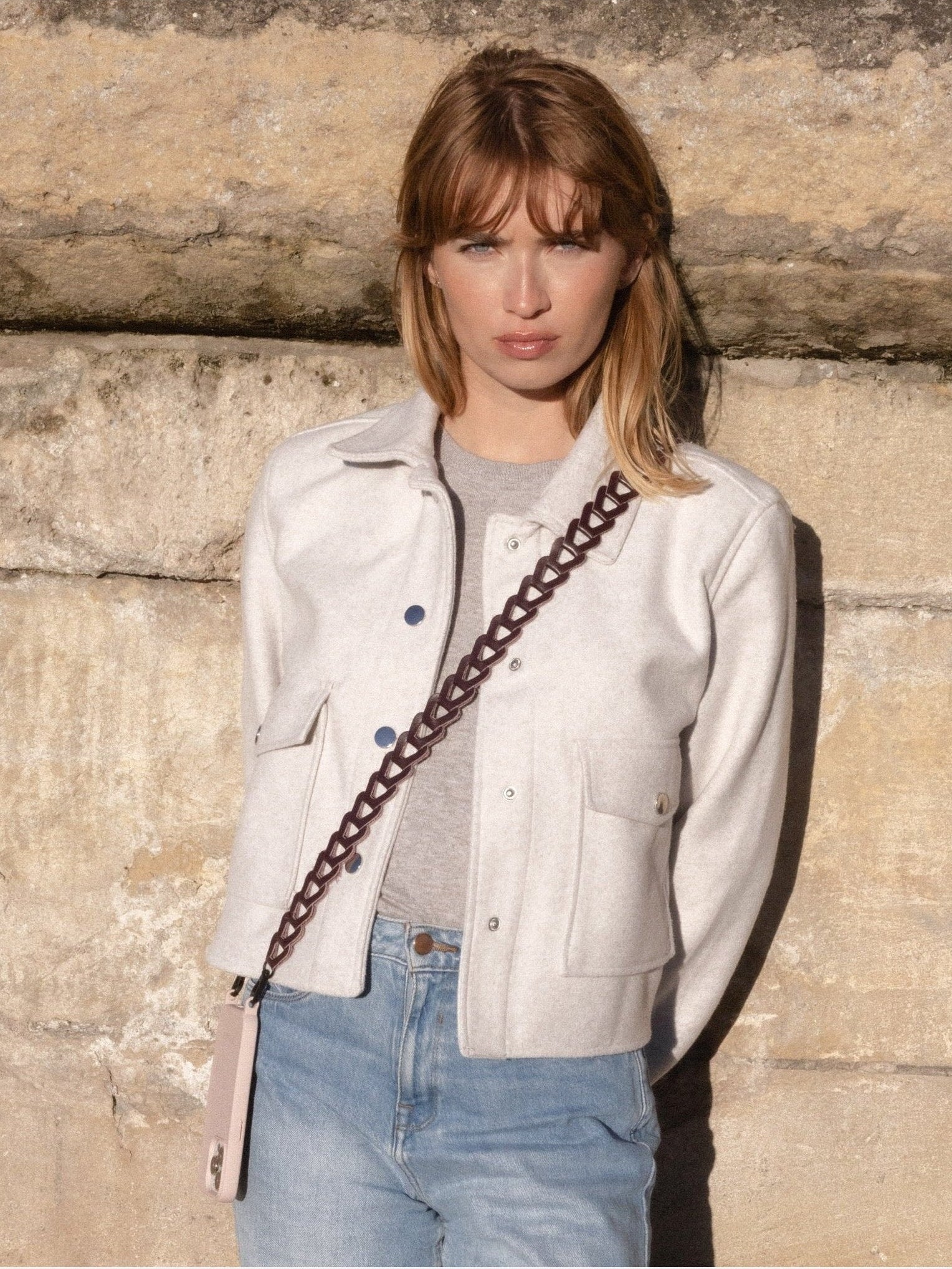 Coque Powder Pink + Mel cuir Long Aubergine