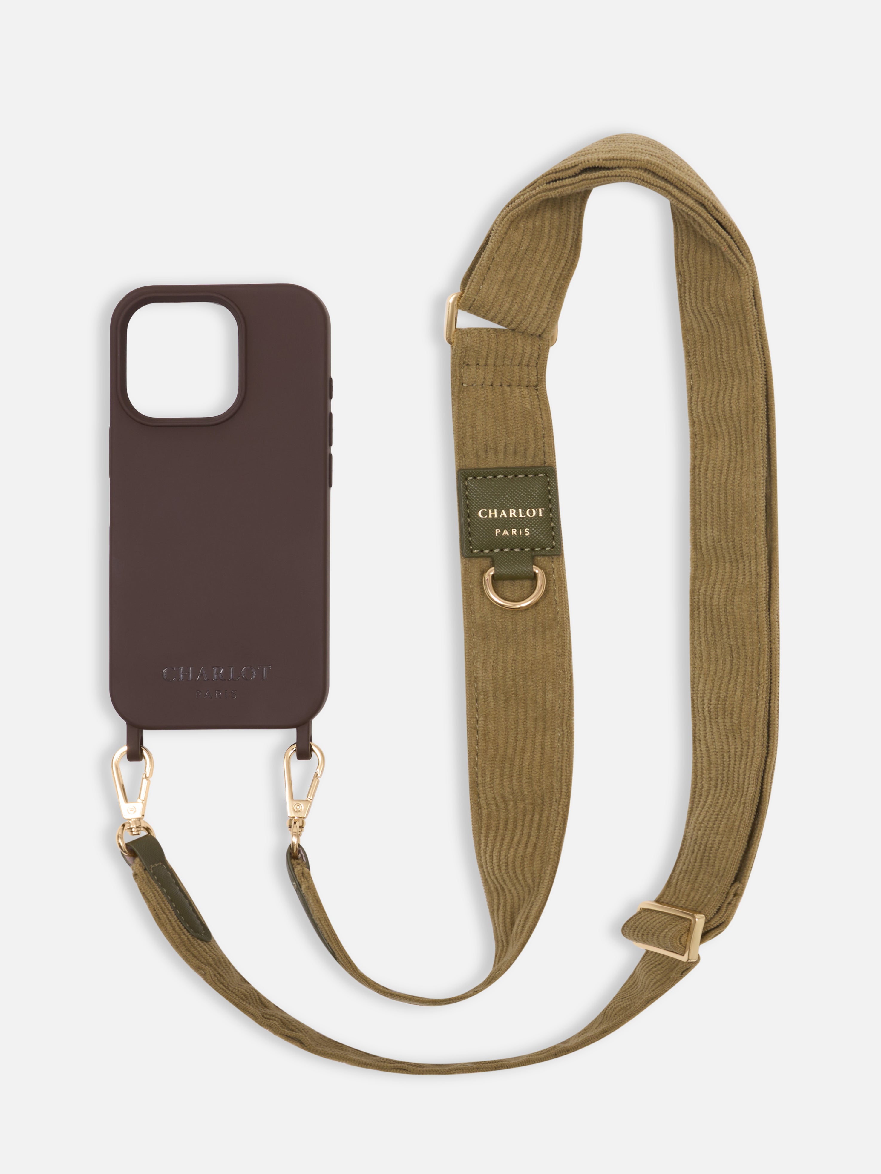 Coque Chocolat + Bandoulière Velour Kaki