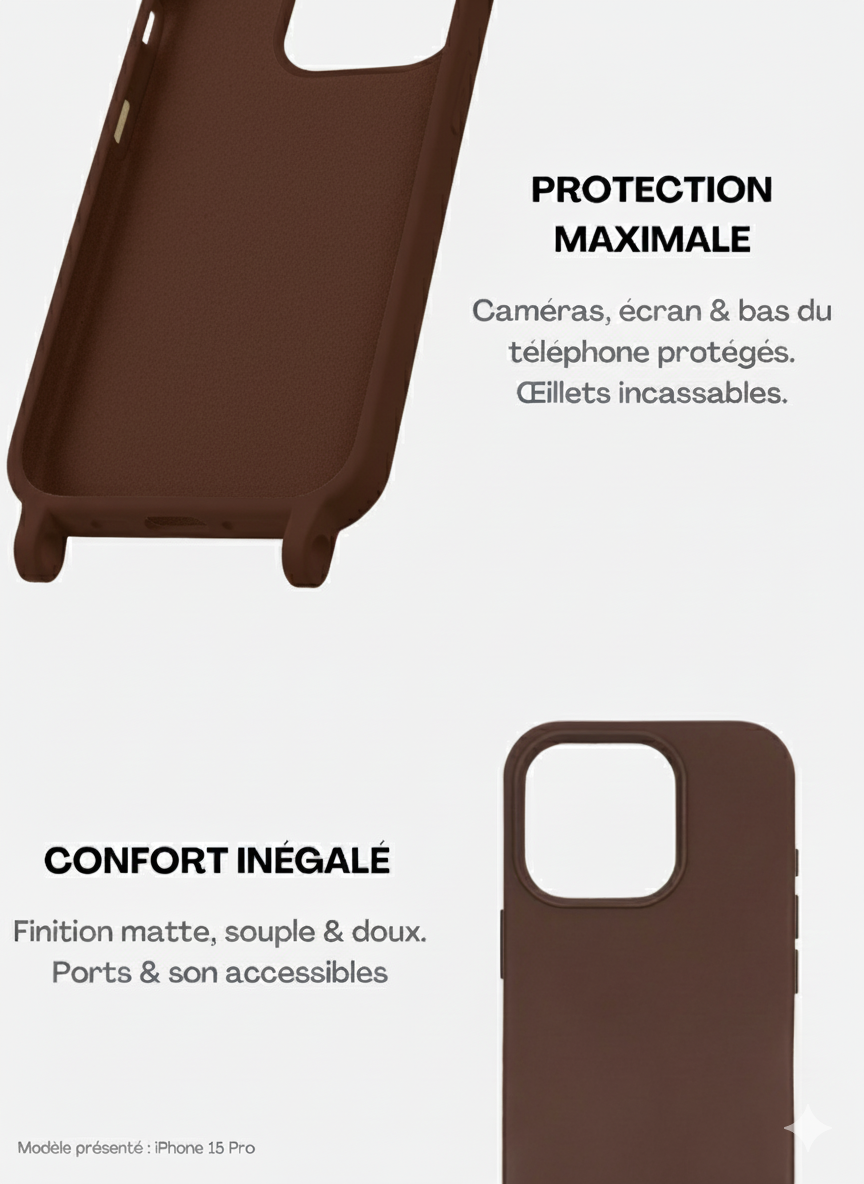 Coque Chocolat +  Bandoulière Srunchie Léopard